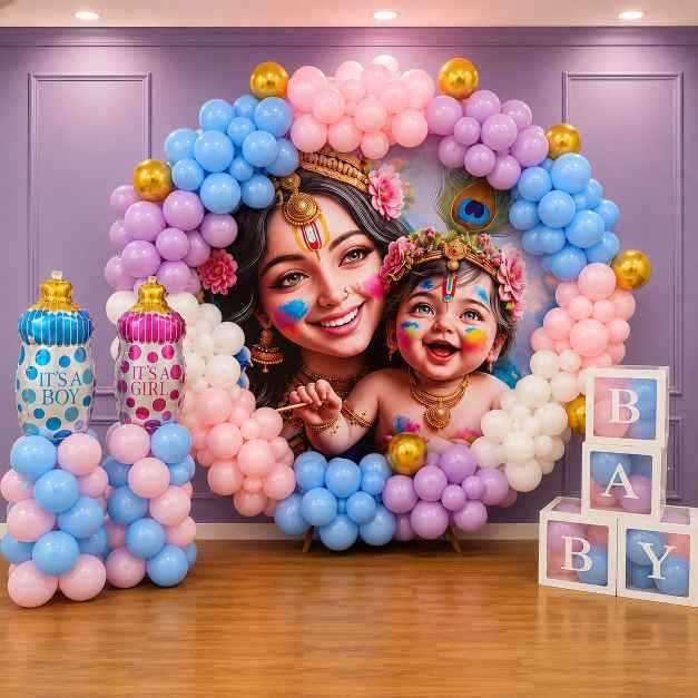 Krishna Theme Baby Shower Decoration with Balloon Arch in Ranchi