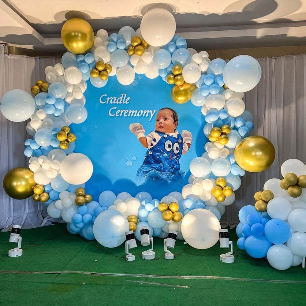 Blue and White Balloon Decoration for Cradle Ceremony in Patna