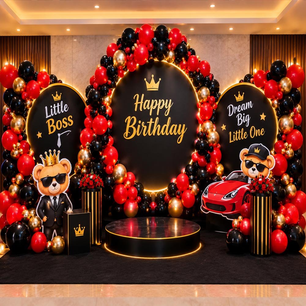 Luxury Red & Black Birthday Decoration with Gold Accents in Patna