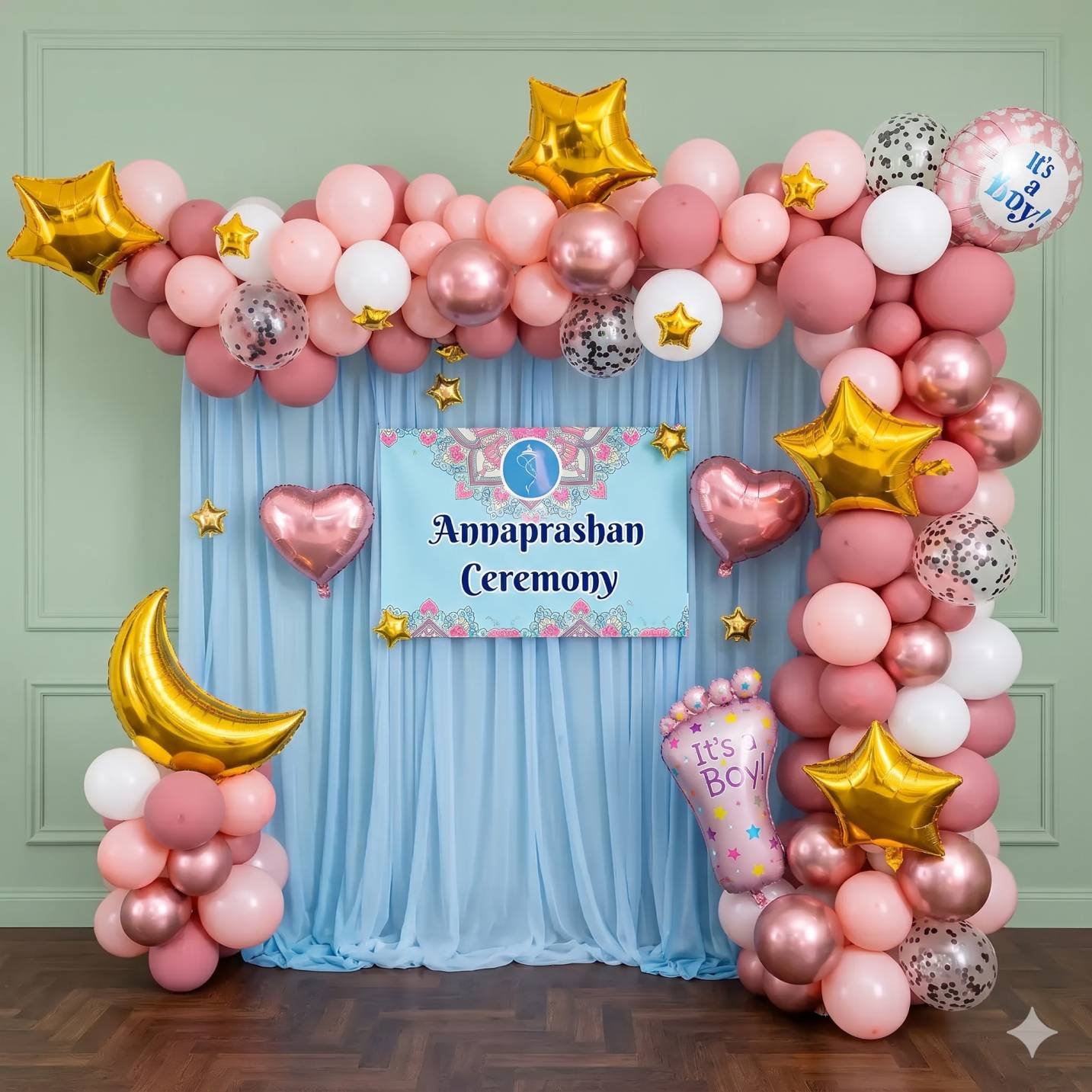 Dusty Rose and Gold Annaprashan Backdrop Setup
